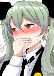  1girl anchovy black_ribbon blush covering_mouth girls_und_panzer green_hair han_(jackpot) hand_over_own_mouth necktie red_eyes ribbon solo spoken_blush sweatdrop twintails uniform white_background 
