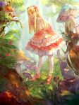  1girl arms_behind_back berries bird birdhouse blonde_hair closed_mouth dress flower forest full_body headdress highres leaning_forward lolita_fashion long_hair looking_at_another mary_janes mushroom nature orange_eyes original outdoors pantyhose pink_shoes plant pointy_ears rabbit shell_(wwwtrista) shoes smile solo standing sweet_lolita white_legwear 
