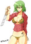  1girl alternate_costume bra breasts center_opening cleavage collarbone cowboy_shot fiesta_(fiesta303) green_hair groin highres hikage_(senran_kagura) holding holding_knife jacket knife large_breasts leopard_print looking_at_viewer panties print_bra print_panties red_jacket senran_kagura senran_kagura_(series) short_hair side-tie_panties slit_pupils solo tattoo tongue tongue_out tsurime twitter_username underwear white_background yellow_eyes 