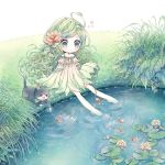 1girl bangs barefoot blush cat collarbone dress fish flower grass green_eyes green_hair hair_flower hair_ornament highres lily_pad long_hair lying niwako on_stomach open_mouth original outdoors plant pond puckered_lips ripples sitting sleeves_past_wrists swept_bangs very_long_hair vines water white_dress 