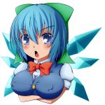  1girl alternate_breast_size blue_eyes blue_hair breasts cirno crossed_arms erect_nipples ice ice_wings large_breasts open_mouth semikichi short_hair solo touhou white_background wings 