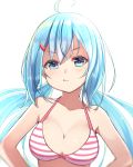  1girl bare_shoulders bikini blue_eyes blue_hair blush breasts cleavage hair_ornament hairclip hands_on_hips highres long_hair looking_at_viewer ninnzinn original pout simple_background solo strap_gap swimsuit twintails white_background 