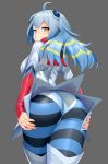  1girl absurdres ahoge ass back bangs black_legwear blackblades blue_hair blue_legwear blue_panties boots breasts cowboy_shot curvy eyelashes from_behind grey_background guts_seijin hair_ornament hands_on_own_thighs heart heart-shaped_pupils highres huge_ass large_breasts lips long_hair long_sleeves looking_at_viewer looking_back medium_breasts multicolored_eyes multicolored_hair panties panties_over_pantyhose pantyhose personification simple_background sleeves_past_wrists solo streaked_hair striped striped_legwear symbol-shaped_pupils thick_thighs thigh-highs thigh_boots ultra_kaijuu_gijinka_keikaku ultra_series ultra_seven_(series) underwear upskirt wide_hips yellow_eyes 