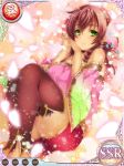  1girl blush brown_hair cherry_blossoms dark_skin green_eyes hair_ornament koihime_musou long_hair long_sleeves looking_at_viewer lying shorts simple_background smile solo taishiji thigh-highs 