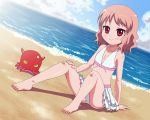  1girl barefoot beach bikini blush character_request child clouds copyright_request eyebrows feet kt looking_at_viewer outdoors shadow shiny shiny_hair shiny_skin sitting skirt sky smile swimsuit water 