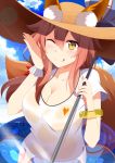  1girl animal_ears bima_rahmaa breasts cleavage collarbone fate/extra fate/grand_order fate_(series) fox_ears fox_tail hat large_breasts one_eye_closed parasol pink_hair solo tail tamamo_(fate)_(all) tamamo_no_mae_(swimsuit_lancer)_(fate) tongue tongue_out umbrella yellow_eyes 