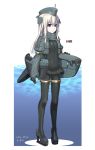  1girl 2016 blue_eyes bodysuit character_name closed_mouth dated eyebrows eyebrows_visible_through_hair full_body hat high_heels kantai_collection long_hair machinery number solo standing tonami_kanji u-511_(kantai_collection) water white_hair 