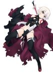  1girl assassin_of_black baicha bandage bare_shoulders black_gloves black_legwear black_panties blood fate/grand_order fate_(series) fingerless_gloves gloves green_eyes highres looking_at_viewer lowleg lowleg_panties navel panties parted_lips planted_weapon scar short_hair silver_hair simple_background solo sword thigh-highs torn_clothes underwear weapon white_background 