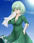 1girl ;/ blush breasts cleavage closed_mouth collarbone cowboy_shot dress gnlo green_dress green_eyes green_hair hand_on_hip large_breasts matching_hair/eyes no_hat no_headwear one_eye_closed short_hair soga_no_tojiko solo sunlight sweat touhou wiping_sweat 