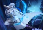  1girl absurdres alternate_costume arrow ashe_(league_of_legends) blonde_hair blue_eyes boots bow_(weapon) bracelet breasts cape cleavage destincelly detached_sleeves dress female freljord_ashe garter_straps highres hood hood_down jewelry large_breasts league_of_legends long_hair ring short_dress solo thigh-highs tiara weapon white_dress 