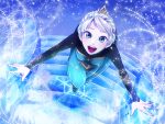  1girl blue_dress braid dress elsa_(frozen) frozen_(disney) open_mouth perspective round_teeth save_(naita_aooni) silver_hair smile snowflakes solo teeth tiara 