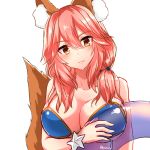  1girl :3 animal_ears bikini breasts cleavage collarbone fate/extra fate/grand_order fate_(series) fox_ears fox_tail large_breasts looking_at_viewer norun_(mai0910) pink_hair signature simple_background solo swimsuit tail tamamo_(fate)_(all) tamamo_no_mae_(swimsuit_lancer)_(fate) white_background yellow_eyes 