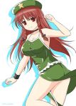  &gt;:) 1girl adapted_costume aqua_eyes armpits bare_shoulders beret black_bow blush bow braid breasts camisole choker cleavage clenched_hand collarbone cpu_(hexivision) drop_shadow green_skirt hair_bow halterneck hat hong_meiling large_breasts looking_at_viewer pelvic_curtain red_eyes redhead sideboob skirt sleeveless smile solo star touhou twin_braids wristband 