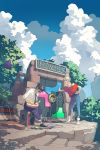  1boy 1girl album_cover amplifier blonde_hair blue_sky brown_hair buzzg clouds cover crop_top electric_guitar glasses guitar highres instrument pomodorosa short_hair sitting sky stairs stone_floor sunglasses tree 