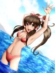  1girl arms_up bikini breasts brown_eyes brown_hair dutch_angle hakurei_reimu long_hair looking_at_viewer mudix2 open_mouth ponytail red_bikini smile soaking_feet solo standing swimsuit touhou wading water 