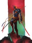  1boy absurdres armor belt bodysuit dc_comics deathstroke full_body highres katana male_focus naratani pouch red_eyes rock solo staff sword weapon 