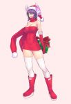  1girl alternate_costume bangs bare_shoulders boots box breasts cleavage dress elbow_gloves eyepatch full_body gift gift_box gloves hat headgear highres kantai_collection large_breasts looking_at_viewer parted_lips purple_hair red_boots red_dress red_gloves red_scarf santa_hat scarf short_dress short_hair smile solo standing strapless strapless_dress tenryuu_(kantai_collection) thigh-highs white_legwear yellow_eyes yuuji_(and) 