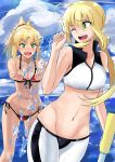  2girls :d ;d ahoge artoria_pendragon_(swimsuit_archer)_(fate) bikini blonde_hair blush breasts cleavage fate/apocrypha fate/grand_order fate/stay_night fate_(series) green_eyes highres long_hair mordred_(swimsuit_rider)_(fate) mother_and_daughter multiple_girls navel ocean one_eye_closed open_mouth ponytail red_bikini saber saber_of_red smile splashing swimsuit takara_joney teeth 