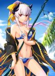  1girl bikini breasts cleavage fate/grand_order fate_(series) frilled_bikini frills front-tie_top hair_between_eyes hair_ornament highres horns japanese_clothes kimono kiyohime_(fate/grand_order) kiyohime_(swimsuit_lancer)_(fate) long_hair navel okamin polearm red_eyes ribbon solo spear swimsuit weapon white_hair yellow_ribbon 