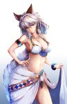  1girl animal_ears armband bare_shoulders bikini blue_hair bracelet braid breasts cleavage collarbone contrapposto erun_(granblue_fantasy) granblue_fantasy hair_tubes hand_on_hip heles highres jewelry kangaruu_(momotk1109) large_breasts long_hair navel parted_lips sarong silver_hair simple_background single_braid solo standing swimsuit very_long_hair white_background yellow_eyes 