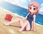  1girl barefoot beach bikini blush character_request child clouds copyright_request eyebrows feet kt looking_at_viewer one-piece_swimsuit outdoors shadow shiny shiny_hair shiny_skin sitting sky smile swimsuit water 
