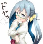  1girl artist_name bangs bespectacled blue_bow blue_bowtie blue_eyes blue_hair blush boruhis bow bowtie closed_mouth collared_shirt doyagao eyebrows finger_to_glasses from_side glasses green-framed_eyewear hair_ornament hand_up index_finger_raised kantai_collection kiyoshimo_(kantai_collection) long_hair long_sleeves looking_at_viewer multicolored_hair semi-rimless_glasses shirt simple_background smile smug solo translated two-tone_hair under-rim_glasses upper_body white_background white_shirt 