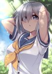  1girl :o armpit_peek arms_behind_head arms_up blue_eyes breasts buttons dated eyes_visible_through_hair hair_ornament hair_over_one_eye hairclip hamakaze_(kantai_collection) highres kantai_collection large_breasts looking_at_viewer mku neckerchief open_mouth outdoors plant school_uniform serafuku short_hair silver_hair solo sweat upper_body 