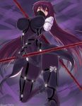  1girl armor bodysuit breasts covered_navel erect_nipples fate/grand_order fate_(series) gae_bolg holding holding_weapon large_breasts long_hair looking_at_viewer mask polearm purple_hair red_eyes scathach_(fate/grand_order) shoulder_armor solo spear takara_joney weapon 