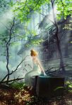  1girl barefoot broken_window brown_hair closed_eyes dated dress forest hair_bun light_particles light_rays looking_down looking_to_the_side nature original ruins scenery signature sitting sleeveless sleeveless_dress solo sunlight technoheart 