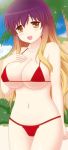  1girl :d alternate_costume bead_necklace beads bikini blonde_hair blush breasts cleavage cowboy_shot cpu_(hexivision) gradient_hair groin hand_on_own_chest hijiri_byakuren jewelry large_breasts long_hair looking_at_viewer multicolored_hair navel necklace open_mouth palm_tree pearl_necklace prayer_beads purple_hair red_bikini sideboob sidelocks smile solo sparkle swimsuit thigh_gap touhou tree under_boob yellow_eyes 