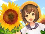  1girl alternate_costume bangs blue_sky brown_eyes brown_hair clouds day face flower hat kantai_collection keemu_(occhoko-cho) leaf looking_at_viewer nature open_mouth outdoors sailor_collar short_hair short_sleeves sky solo straw_hat sunflower upper_body yukikaze_(kantai_collection) 
