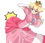  1girl absurdres blonde_hair blue_eyes breasts brooch crown dress earrings elbow_gloves flipped_hair frilled_dress frills gloves highres hip_attack jewelry large_breasts super_mario_bros. mokkori9 nintendo pink_dress princess_peach solo super_mario_bros. super_smash_bros. white_background white_gloves wide_hips 