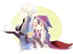  1boy 1girl animal_ears biscuit black_hair cup deere_(fire_emblem_if) eating fire_emblem fire_emblem_if gloves green_eyes grey_hair hood kuzumosu long_hair multicolored_hair red_eyes simple_background tail teacup teapot two-tone_hair velour_(fire_emblem_if) white_background white_hair wolf_ears wolf_tail 