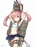  1girl :&lt; ;) anchor arms_up ashiya_hiro badge bikini chains collarbone hair_bobbles hair_ornament kantai_collection machinery navel one_eye_closed pink_eyes pink_hair pink_ribbon pleated_skirt rabbit ribbon sazanami_(kantai_collection) scrunchie short_hair simple_background skirt smile solo swimsuit torpedo turret twintails white_background wrist_scrunchie |_| 