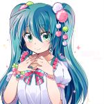  1girl aqua_hair green_eyes hago hago_(artist) hatsune_miku long_hair looking_at_viewer simple_background smile solo twintails upper_body vocaloid white_background 