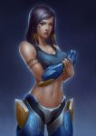  1girl armor armored_boots bangs bare_shoulders black_hair boots braid breasts cleavage closed_mouth collarbone crop_top dark_skin egyptian eye_of_horus eyeliner facial_mark facial_tattoo gauntlets hair_tubes highres lips looking_at_viewer makeup midriff mordred_lu navel overwatch pharah_(overwatch) shengxie side_braid sidelocks sleeveless solo sports_bra stomach swept_bangs tattoo 