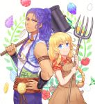  1boy 1girl arm_guards armlet bangs blonde_hair blue_eyes blush bokujou_monogatari:_3-tsu_no_sato_no_taisetsu_na_tomodachi braid breasts carrot carrying_over_shoulder closed_mouth coin collared_shirt cowboy_shot dress_shirt egg eyebrows eyebrows_visible_through_hair flower gem gradient half_updo hammer hand_on_hip height_difference hibiscus holding jewelry long_hair looking_at_viewer multiple_braids necklace overalls patterned_background pendant pitchfork plaid plaid_shirt pocket polka_dot polka_dot_background purple_hair red_eyes red_flower rudhusu sash shirt short_sleeves side_braid sleeveless sleeves_pushed_up small_breasts smile sumimoto_ryuu tan tomato turnip twin_braids twintails v-neck wavy_hair white_background 