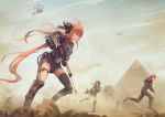  1boy 2girls aircraft artist_name black_hair black_ribbon blue_eyes character_request day dust_cloud fal_(girls_frontline) girls_frontline gun hair_ribbon helicopter highres holding holding_gun holding_weapon holster jay_xu leaning_forward long_hair mac-10 mac-10_(girls_frontline) military multiple_girls ocean orange_hair outdoors profile pyramid ribbon rifle running sand sandstorm short_hair signature skindentation sniper_rifle standing standing_on_one_leg submachine_gun thigh_holster thigh_strap very_long_hair weapon weapon_request 