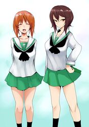  2girls ^_^ arms_behind_back black_legwear brown_eyes brown_hair closed_eyes girls_und_panzer han_(jackpot) hand_on_hip miniskirt multicolored_background multiple_girls nishizumi_maho nishizumi_miho school_uniform short_hair siblings skirt 