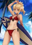  1girl bikini blonde_hair breasts fate/apocrypha fate/grand_order fate_(series) green_eyes jilllxlxl midriff mordred_(swimsuit_rider)_(fate) navel palm_tree ponytail red_bikini saber_of_red smile solo surfboard swimsuit tan tree 