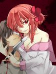  1boy 1girl blindfold blood blood_splatter breasts brown_hair cleavage collarbone hand_on_another&#039;s_head holding holding_knife kitchen_knife knife long_sleeves looking_at_viewer medium_breasts off_shoulder original parted_lips pink_hair pinky_out red_eyes red_string sailor_collar shirt string white_shirt yandere yukino_(yukinosora1126) 