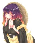  1girl breasts cleavage collarbone from_above gradient_hair hair_between_eyes hijiri_byakuren japanese_clothes light_brown_hair lips long_hair looking_at_viewer mayoln multicolored_hair parted_lips purple_hair sakkat shiny shiny_hair simple_background touhou upper_body wavy_hair white_background yellow_eyes 