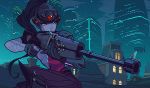  1girl animated animated_gif black_hair blinking breasts center_opening gun head_mounted_display holding holding_gun holding_weapon overwatch pixel_art ponytail purple_skin rifle shroedinger sniper_rifle solo visor weapon widowmaker_(overwatch) 