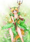  1girl :d absurdly_long_hair blonde_hair blue_eyes blush breasts brown_gloves cleavage collarbone dress fingerless_gloves forehead_jewel gloves green_dress hair_intakes helmet holding holding_weapon large_breasts long_hair looking_at_viewer low-tied_long_hair open_mouth pauldrons petals polearm raochuu riesz seiken_densetsu seiken_densetsu_3 smile solo spear tied_hair trident very_long_hair weapon winged_helmet 