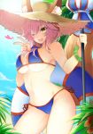  1girl animal_ears bikini blush breasts cleavage closed_umbrella fang fate/extra fate/grand_order fate_(series) fox_ears fox_tail heart kirie_nozomi large_breasts navel one_eye_closed open_mouth palm_tree palms parasol pink_hair solo swimsuit tail tamamo_(fate)_(all) tamamo_no_mae_(fate) tamamo_no_mae_(swimsuit_lancer)_(fate) tree umbrella under_boob v yellow_eyes 