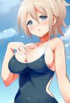  1girl 9law :o aoyama_blue_mountain blue_eyes blue_sky blush breasts brown_hair clouds competition_school_swimsuit eyebrows eyebrows_visible_through_hair gochuumon_wa_usagi_desu_ka? large_breasts looking_at_viewer one-piece_swimsuit short_hair sky solo swimsuit wet 