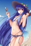  1girl bangs beach bikini blue_hair blue_sky breasts clouds cowboy_shot flat_chest food frozen_fruit fruit hat hater_(hatater) highres hinanawi_tenshi ice_cream long_hair looking_at_viewer navel navel_piercing peach piercing popsicle red_eyes sky small_breasts solo standing swimsuit touhou very_long_hair water white_bikini 