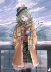  1girl adapted_costume clouds cloudy_sky coat commentary_request green_eyes green_hair hands_in_pockets hat hat_ribbon heart heart_of_string highres komeiji_koishi long_sleeves outdoors pantyhose ribbon scarf short_hair signature skirt sky smile solo standing third_eye touhou you_(shimizu) 