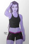  1girl alternate_hairstyle bare_midriff bare_shoulders bike_shorts breasts crop_top female gradient gradient_background hair_down hand_in_hair helmet_removed long_hair overwatch purple_hair purple_skin shorts solo sportswear tank_top white_background widowmaker_(overwatch) yellow_eyes 