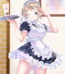  1girl ;d alternate_costume apron blue_eyes blush breasts brown_hair enmaided gorua_(youce01) looking_at_viewer love_live! love_live!_sunshine!! maid maid_apron maid_headdress md5_mismatch one_eye_closed open_mouth parfait salute short_hair smile solo standing tray watanabe_you 